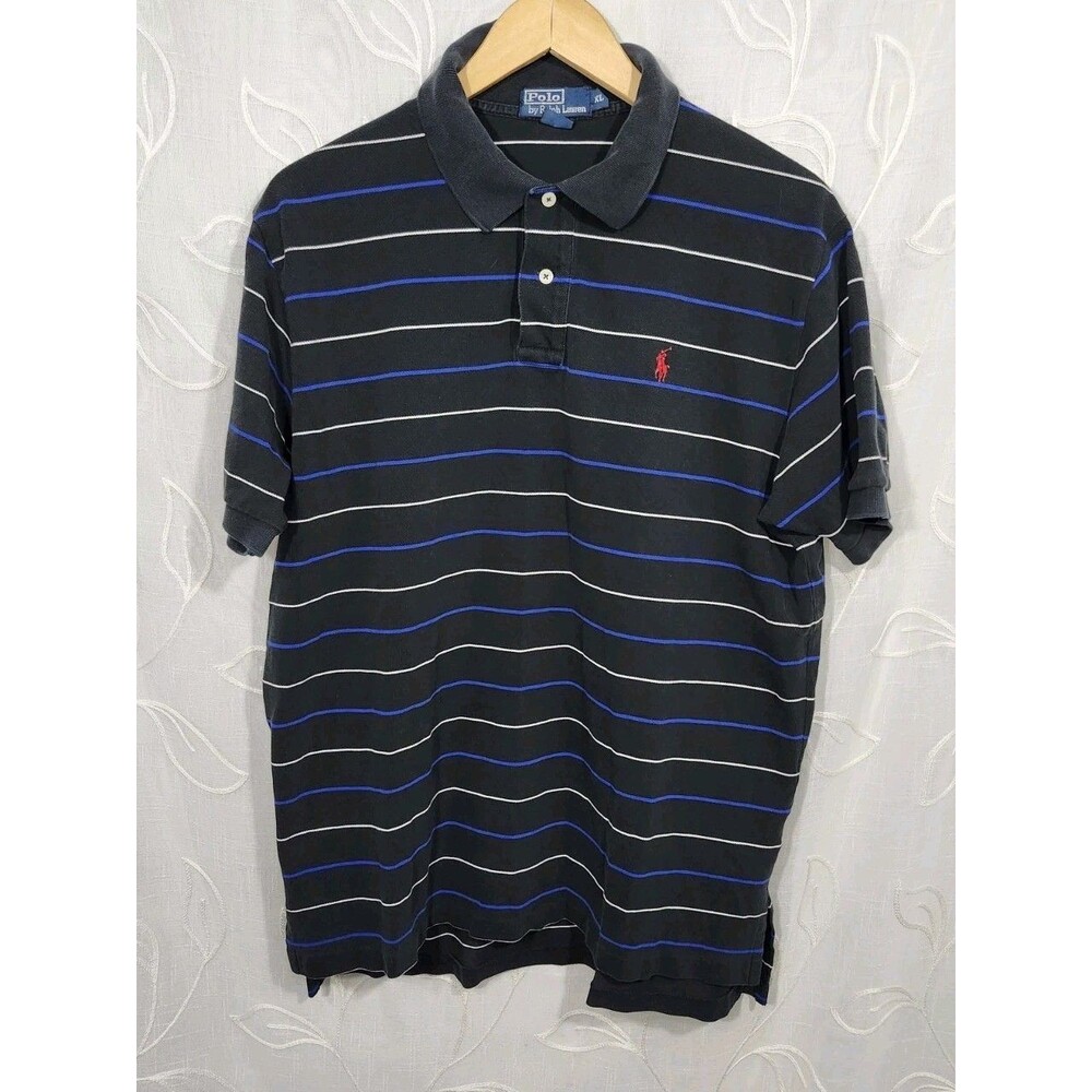 Vintage Polo Ralph Lauren Mens Large Black Stripe Polo Shirt Cotton Y2K Classic